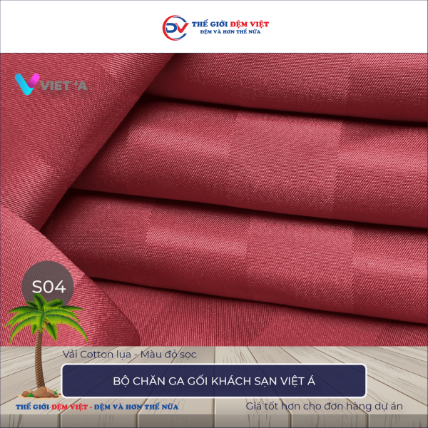 Bộ chăn ga gối khách sạn Việt Á đỏ sọc 2